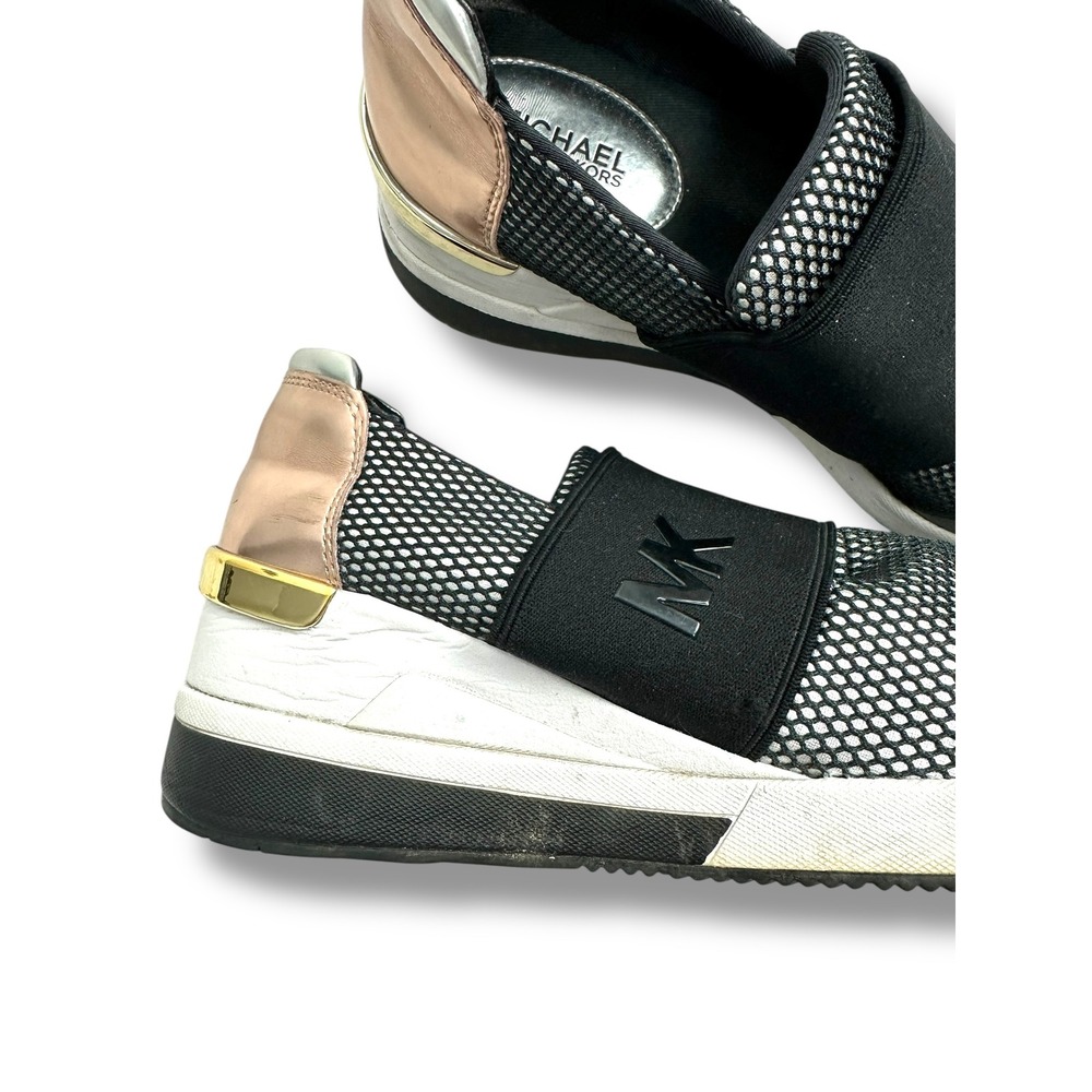 Michael Kors Women's Black Mesh Slip On Wedge‎ Sneakers Rose Gold Accent